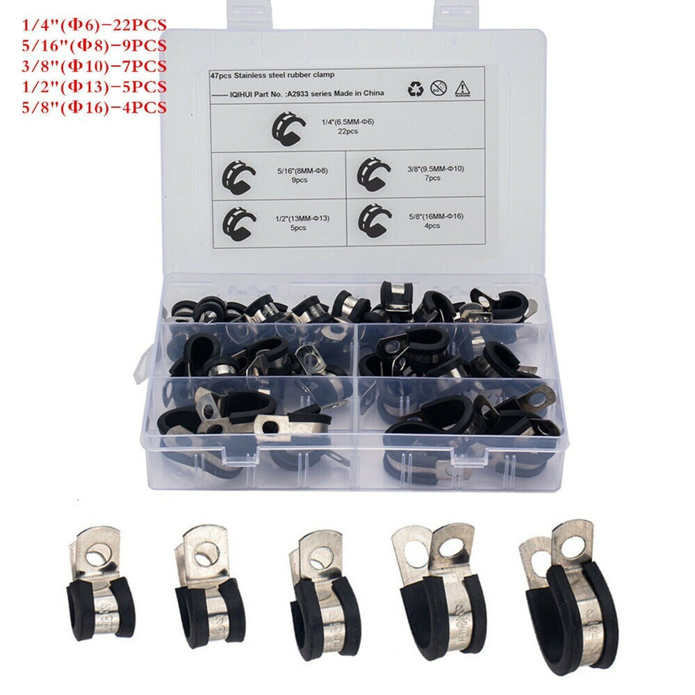 74pcs Stainless Steel Rubber Lined P Clips Car Wiring Hose Clamp Pipe Cable Kit n