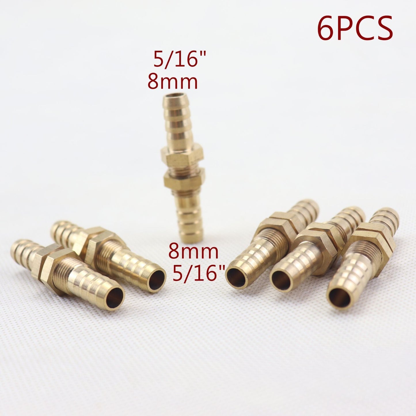 6Pcs 5/16(8mm ) Hose Barb Brass Bulkhead Pipe Fitting Coupler Connector Adapter