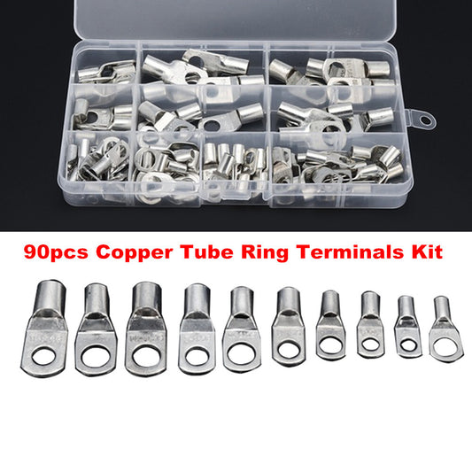 90-piece pack of copper wire lug tube terminals for battery cables, end rings, and crimp connectors. n