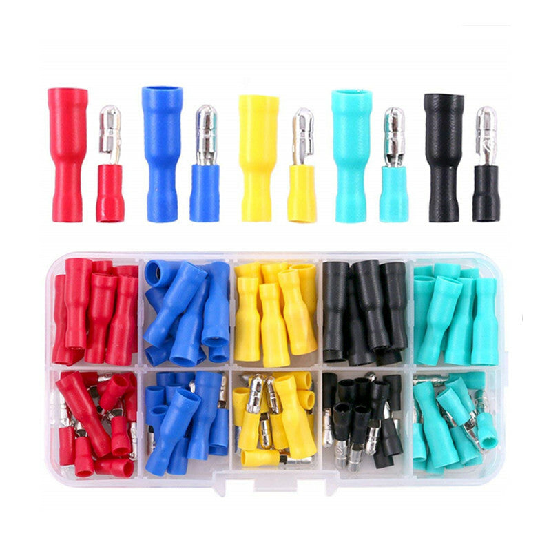 100Pcs Car Wire Butt Connectors Terminals Female Male Fully Insulated Crimp Kit