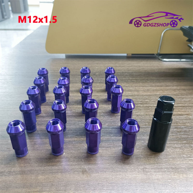 20pcs M12x1.5 Lug Nuts 48mm Steel Open End Wheel Nuts Bolts w/ Socket Key Purple Q