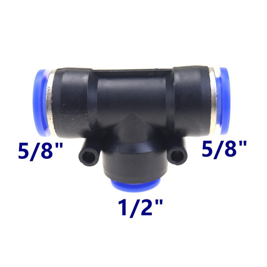 Pneumatically Reduced T-Shirt with Push-In Accessory Tube OD 5/8 to OD 1/2 One Touch