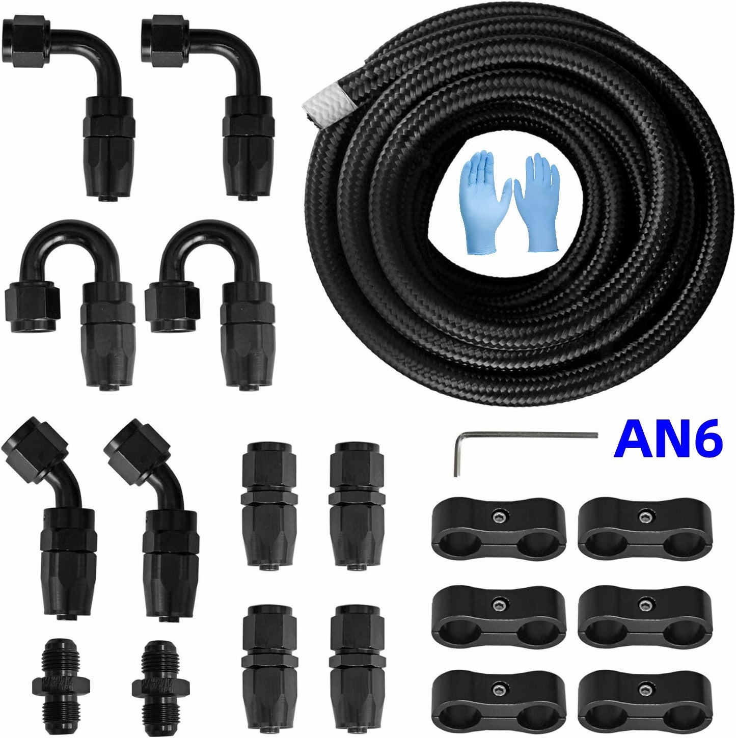 16ft 6A Black Nylon Braided Fuel Oil Hose Fuel Line 10-Piece 6AN Hose Fitting Kit
