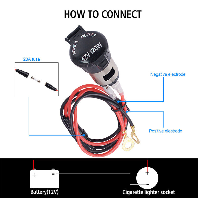 12V Car Cigarette Socket/Lighter Power Components, Waterproof Plug/Socket, 40-inch Cable - n