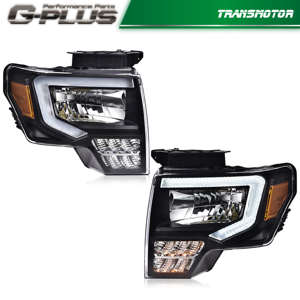 Suitable for 2009-2014 for Ford F-150 headlights, black/clear LED DRL headlights.