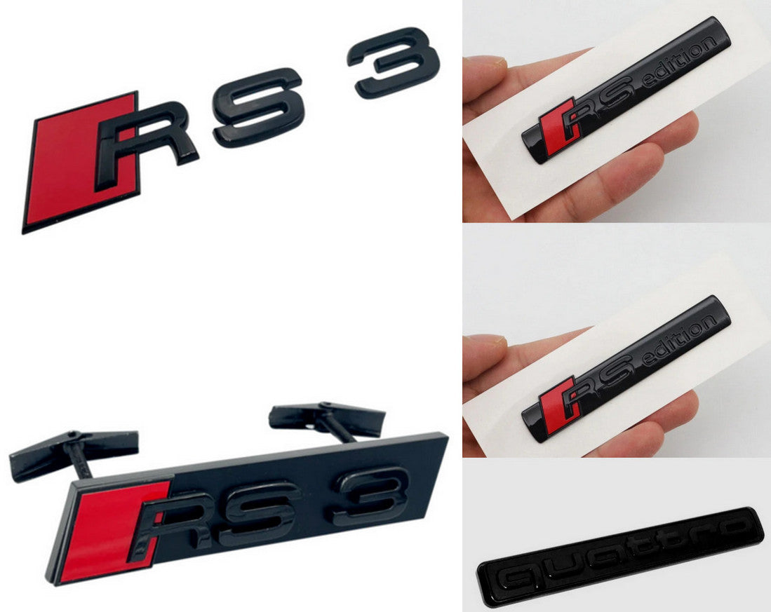 for Audi RS3 Front Grille Boot Badge Quattro Side Fender RS Edition Badge in Black