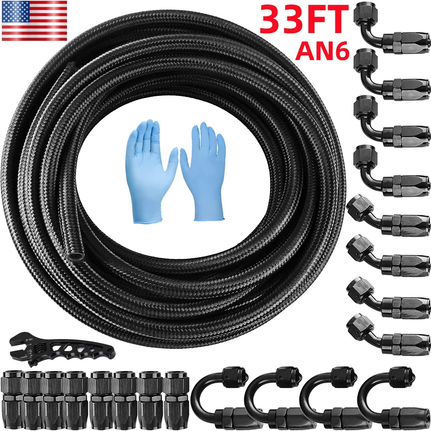 6AN-AN6 Black 33ft Nylon Braided PTFE Fuel Line 20 Fitting Hose Kit for E85
