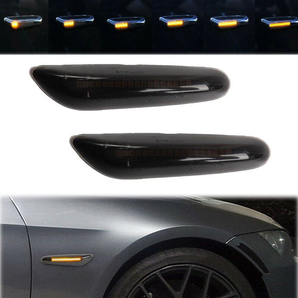 Two sequential smoked turn signals for BMW E90, E91, E92, and E93 LED markings.