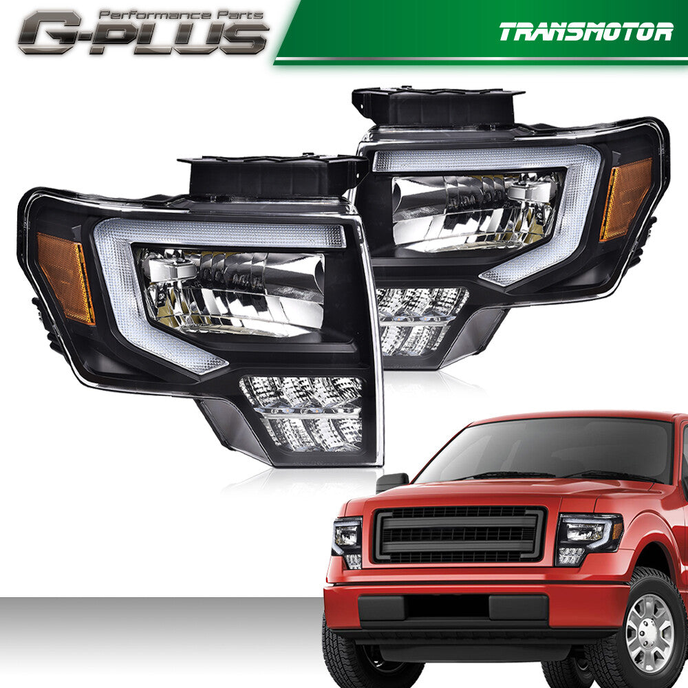 Suitable for 2009-2014 for Ford F-150 headlights, black/clear LED DRL headlights.