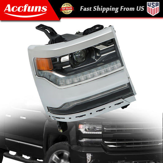 Applicable to 2016-2018 Silverado 1500. New LED headlights with chrome accents on the passenger/right side. n