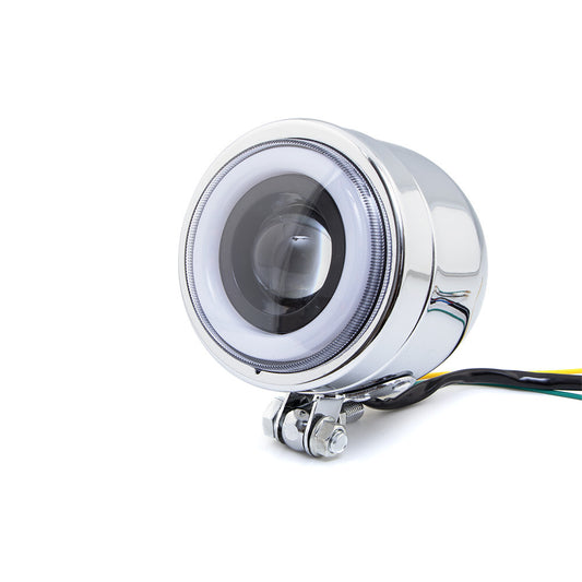 Suitable for Cafe Racer Bobber motorcycles, amber LED headlights, spot fog lights, and angel eyes.