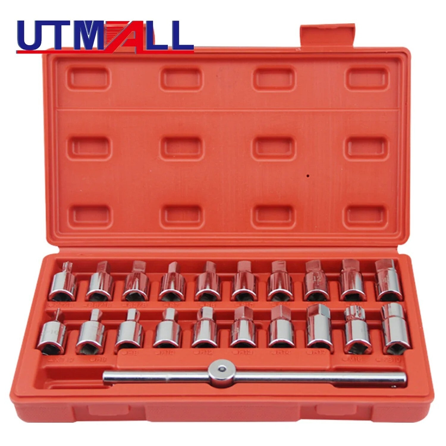 21-piece drain plug removal tool key set, square hexagonal socket kit, nut adapter