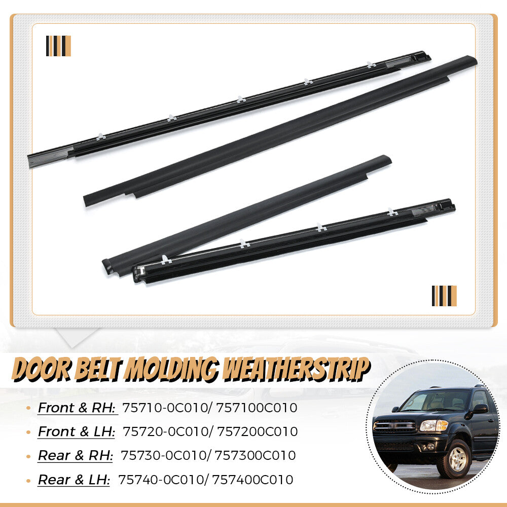 4pcs Weatherstrip Outer Lower Window for Toyota 01-07 Sequoia 4.7L Black Rubber