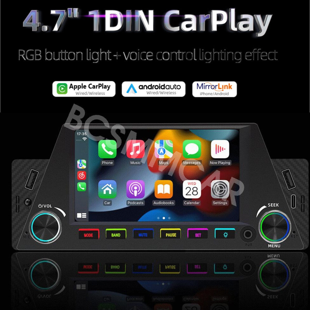 For Apple CarPlay 4.7in Car Stereo Radio FM Bluetooth Single 1Din Backup Camera