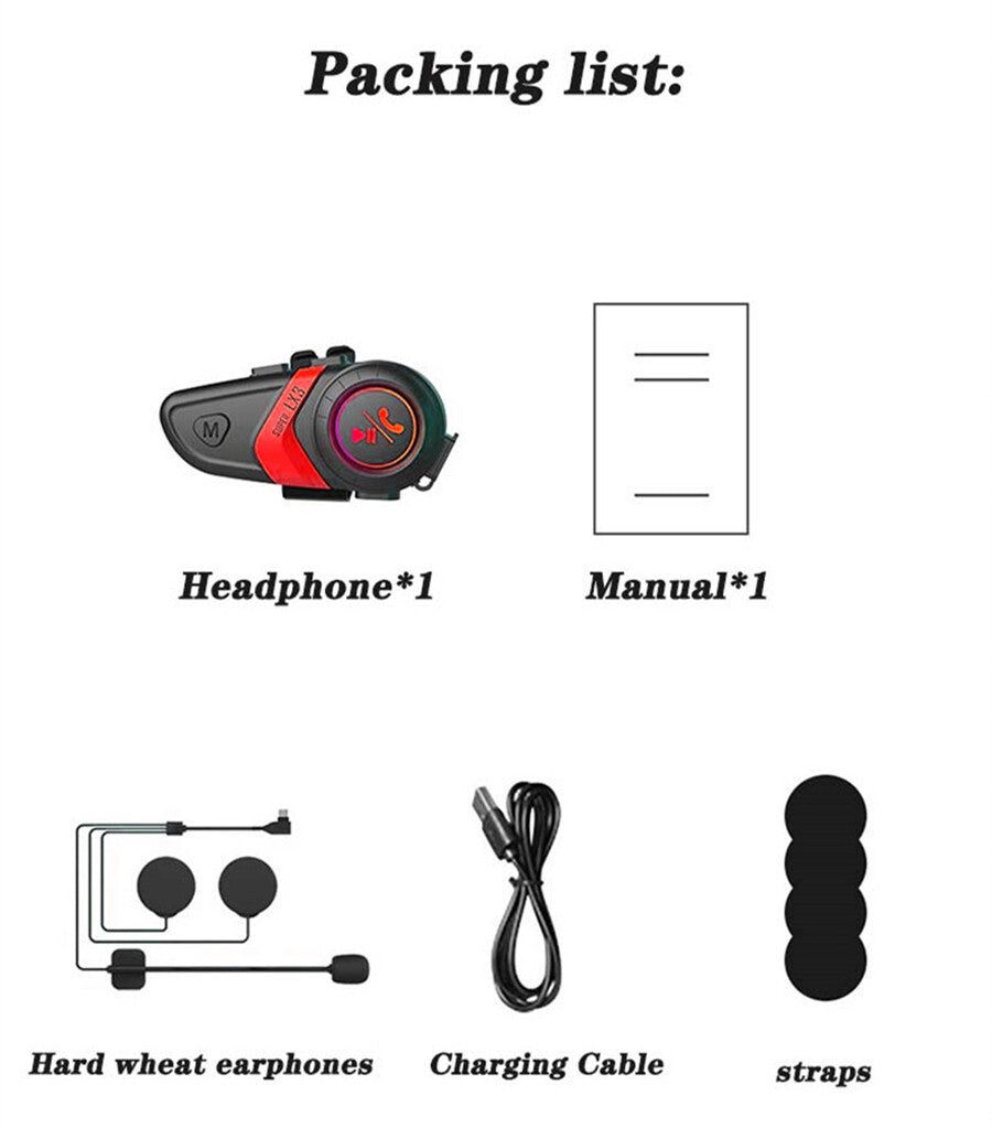 LX3 Helmet Motorcycle Bluetooth Headset ABS Anti-Jamming Red With Charging Cable Q