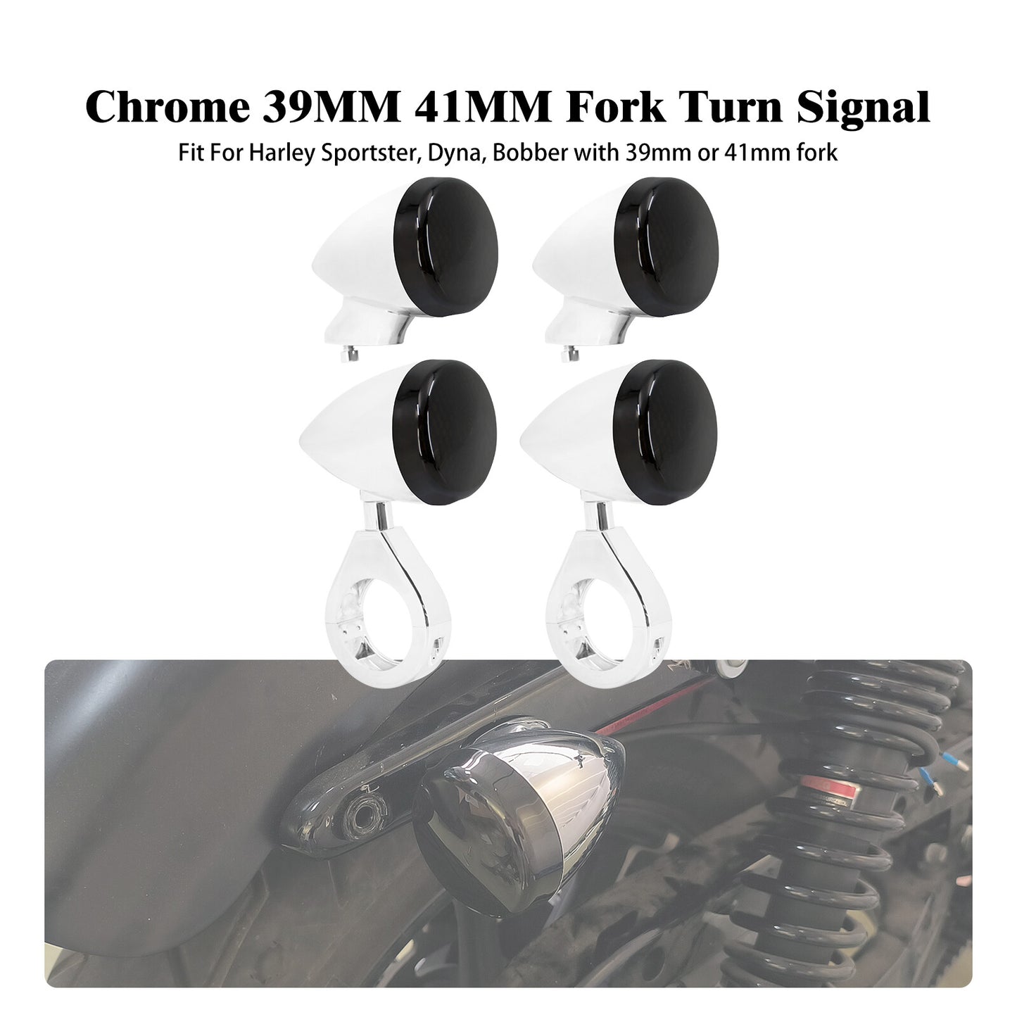 4x Chrome Front Rear LED Turn Signal Light 39 41mm Fork w/ Black Lens for Harley Q