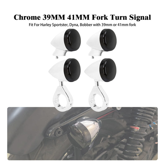 4x Chrome Front Rear LED Turn Signal Light 39 41mm Fork w/ Black Lens for Harley Q