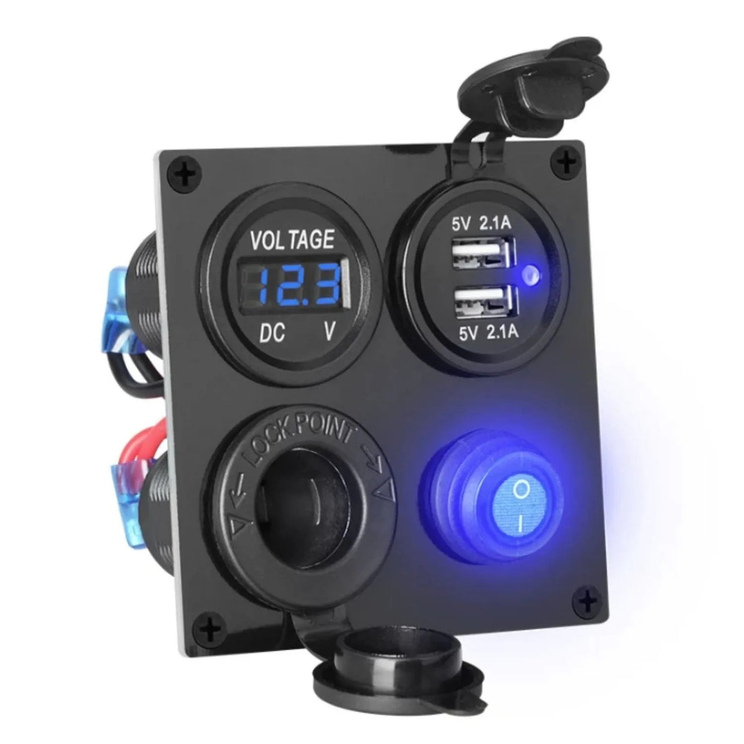 LED toggle switch panel, blue voltmeter, dual USB socket charger for cars and boats. n