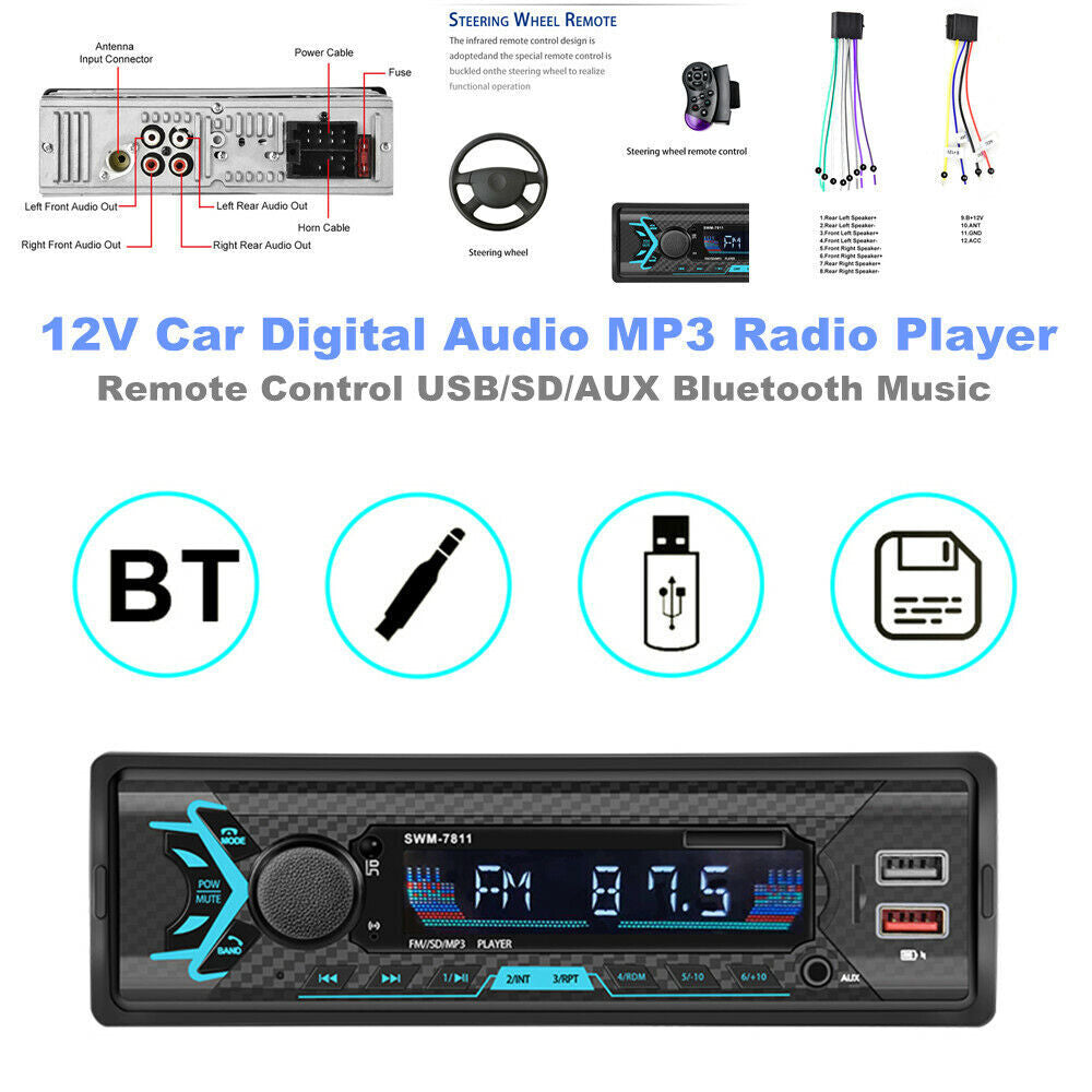 12V 1-inch car remote control, digital audio MP3 radio player, USB/SD/AUX Bluetooth - n
