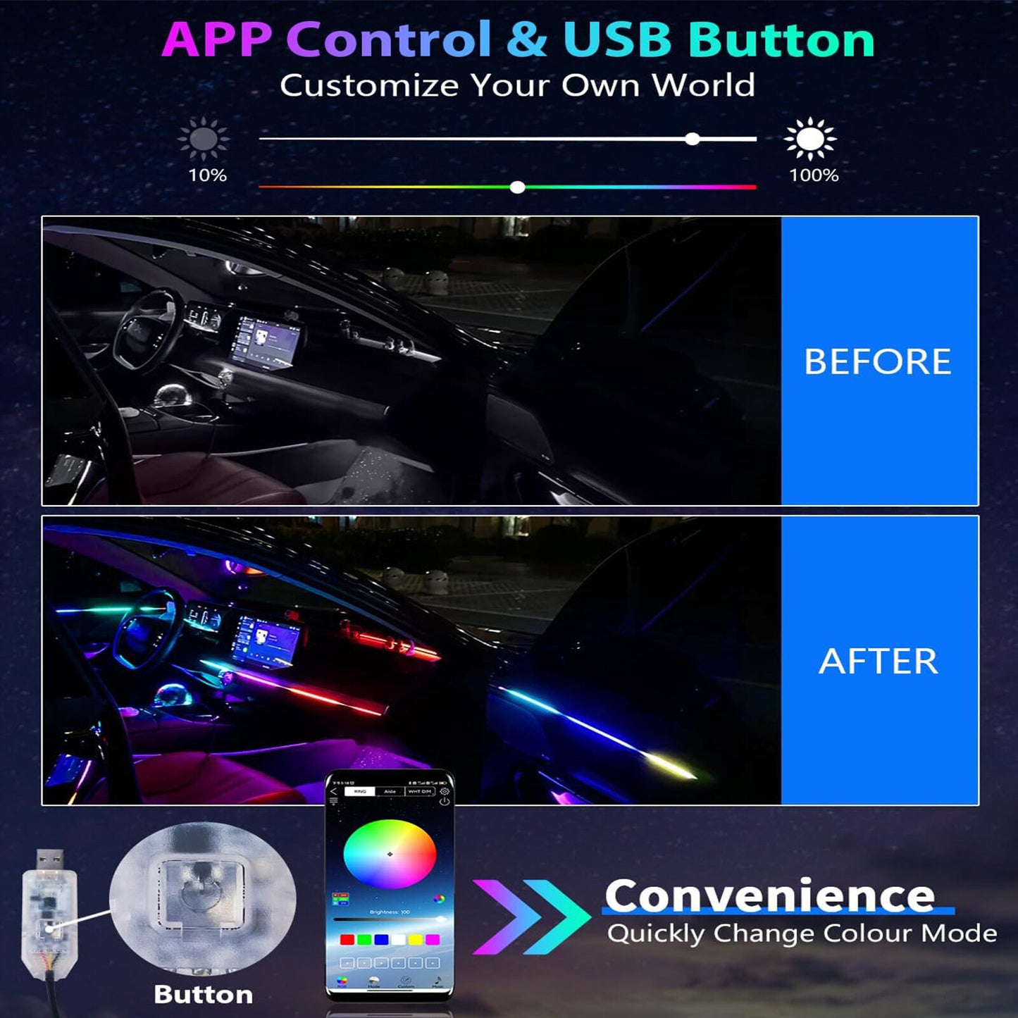 Music Rhythm Lights Wireless Under Dash Car Interior Atmosphere Strip Neon-Light