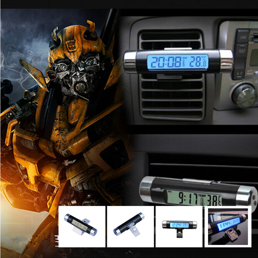 Car Conditioning Air Vent Clip-on Clock Thermometer Calendar LCD Blue Backlight