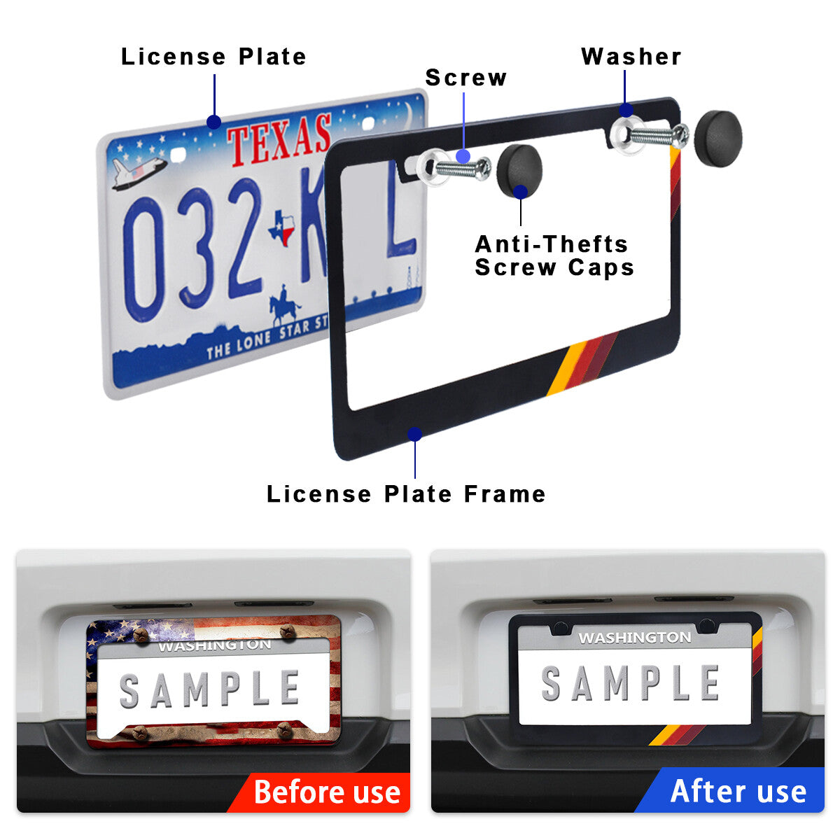 2-piece accessory set for yellow SUVs: license plate and frame metal protective cover. n
