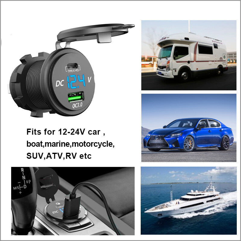 45W QC3.0+PD Dual USB Car Fast Charger Power Outlet w/LED Voltmeter Parts v