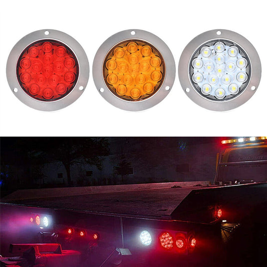 2-Pack 4-inch Chrome 16-LED Round Truck Trailer Rear Stop Turn Brake Light Cable Rings n