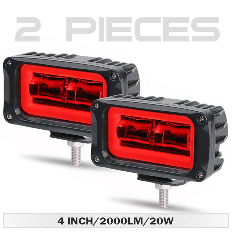 2X 4in 8D LED Work Light Bar Pods Red Halo DRL Spot Fog Driving SUV ATV Off Road