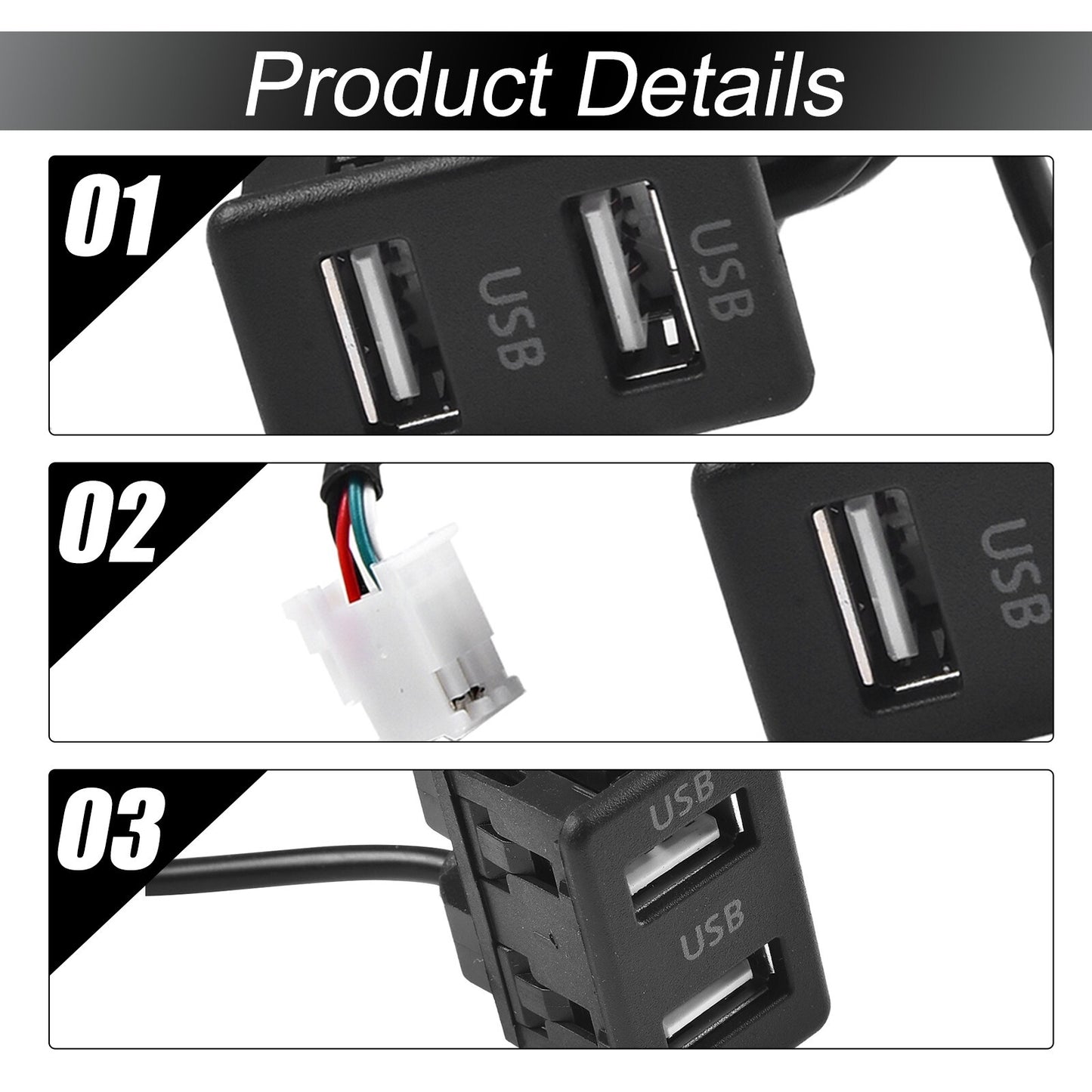 Easy-to-install vehicle dashboard mount with dual USB ports and 145cm cable adapter