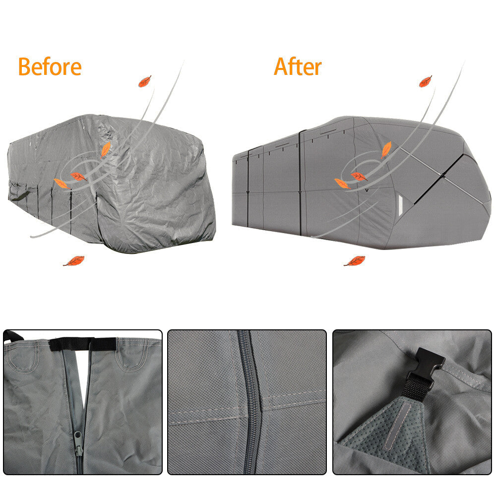 Suitable for 22-24 ft campervans, travel trailers, and RVs. Waterproof, UV-resistant, non-woven fabric cover. n