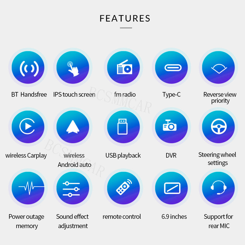 6.9in Car Radio Stereo MP5 Player Touch Screen For Apple Carplay Android Auto