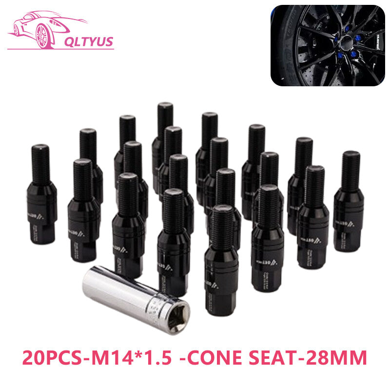 20PCS 28mm M14x1.5 Wheel Lug Bolts Cone for Seat Stud Set for Most Aftermarket Black