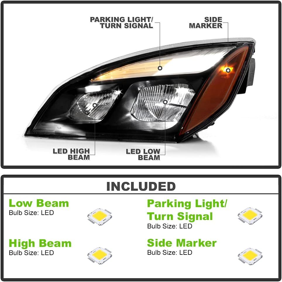 For 2018-2022 for Freightliner Cascadia Full LED Black Housing Headlights Headlamps