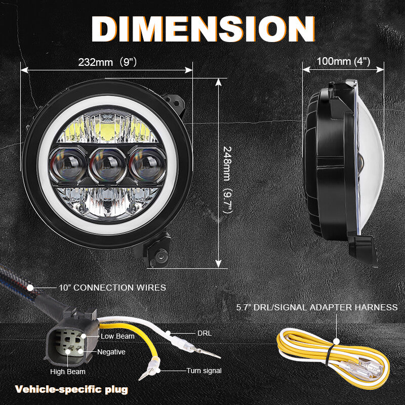 2Pcs 9 Round LED Headlights Fit for Jeep for Wrangler JL Gladiator JT 2018-2023 NEW