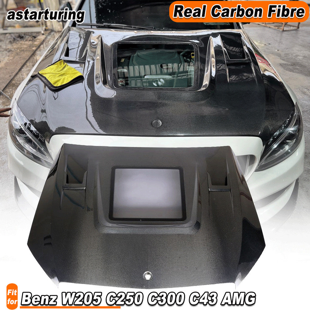 Fit for Benz W205 C250 C300 C43 Front Bumper Hood Bonnet Cover Carbon Fiber