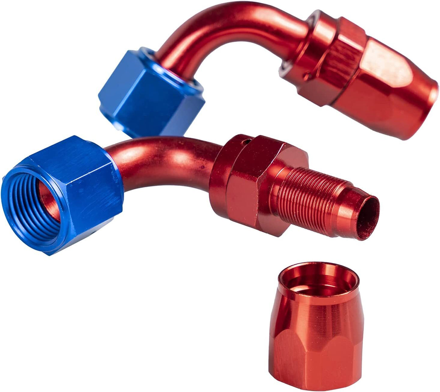 Red and blue AN8 90-degree swivel hose end adapter for fuel CPE hoses US