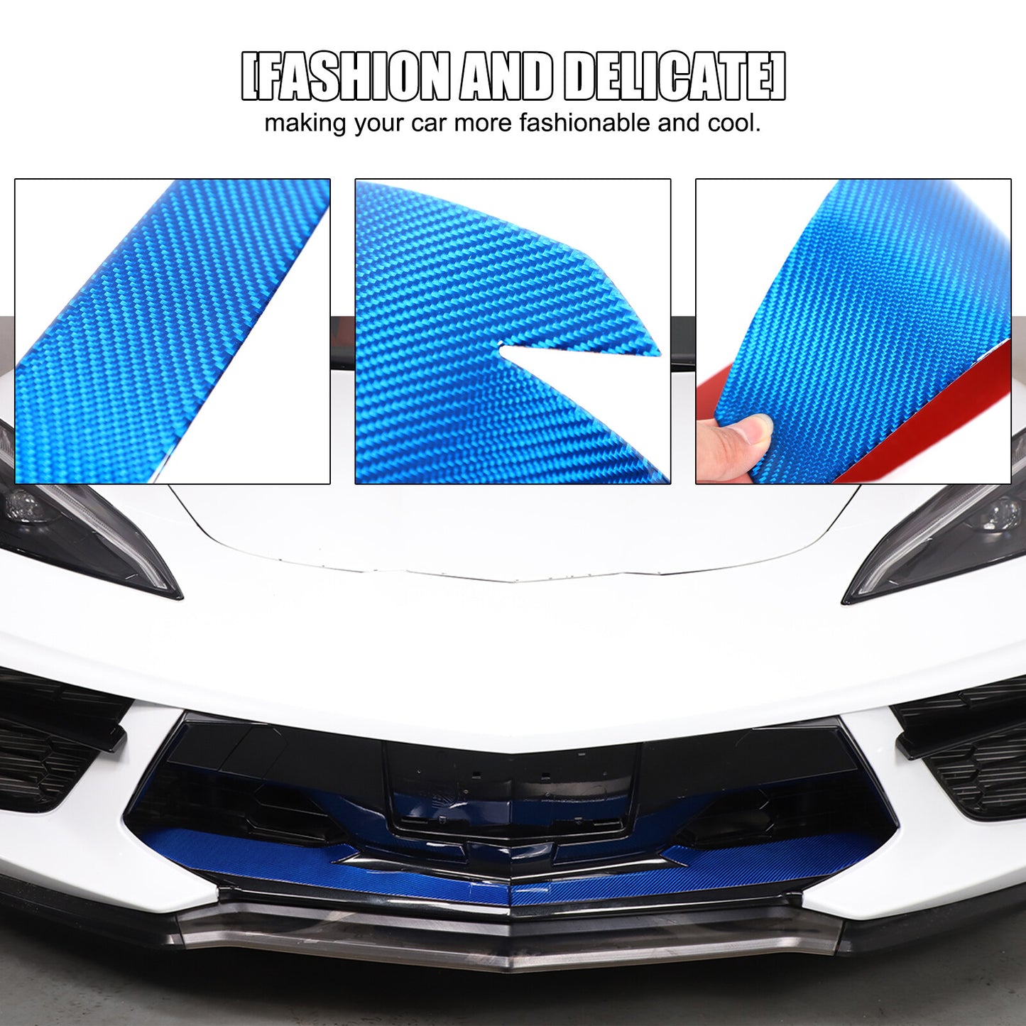 Blue carbon fiber front bumper lip spoiler decorative sticker for Corvette C8 2020-24 n