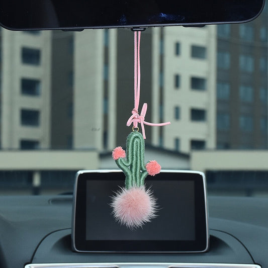 Green Cactus Car Rearview Mirror Ornament Hanging Cute Crochet Succulent Plant