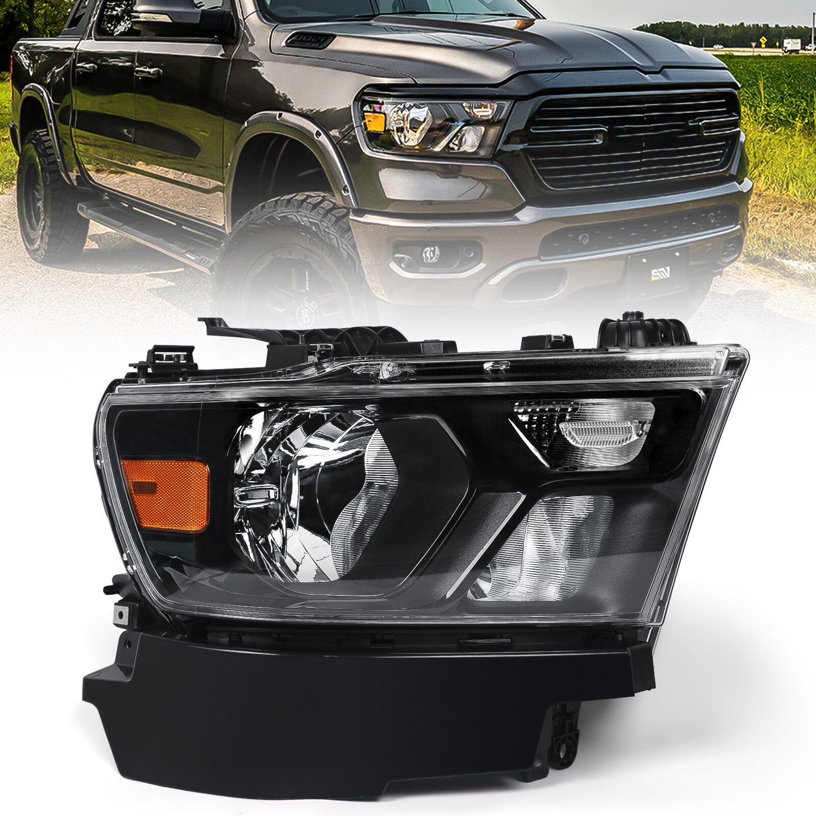 Suitable for 2019-2023 for Dodge for Ram 1500 Halogen Headlights with Black Bezels for Passenger Right Hand