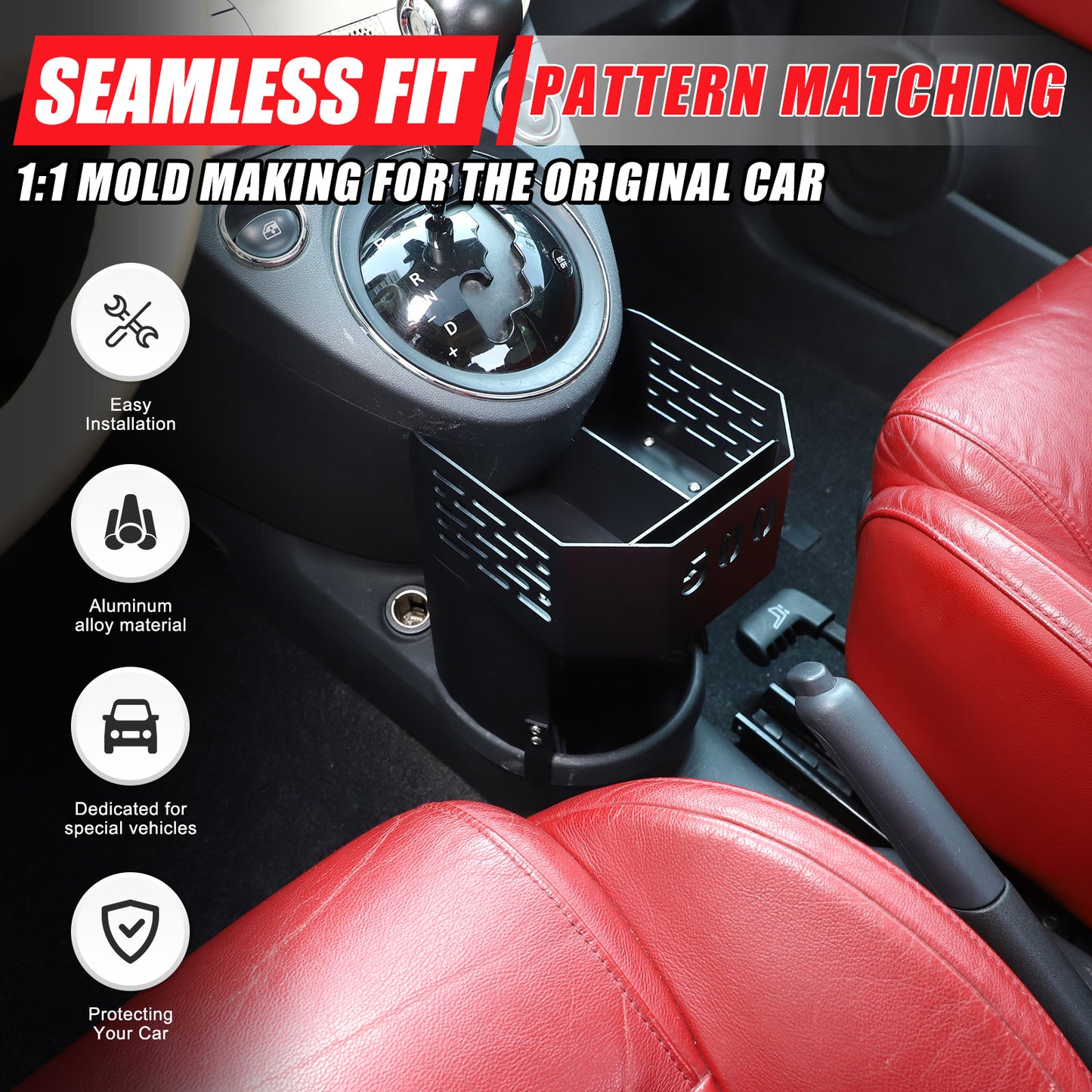 Extended cupholder trim on center console for Fiat 500 2007 - 15 Black Accessories - n