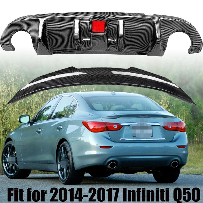 For 2014-2017 for Infiniti Q50 ABS Carbon Fiber Rear Bumper Diffuser & Rear Spoiler n