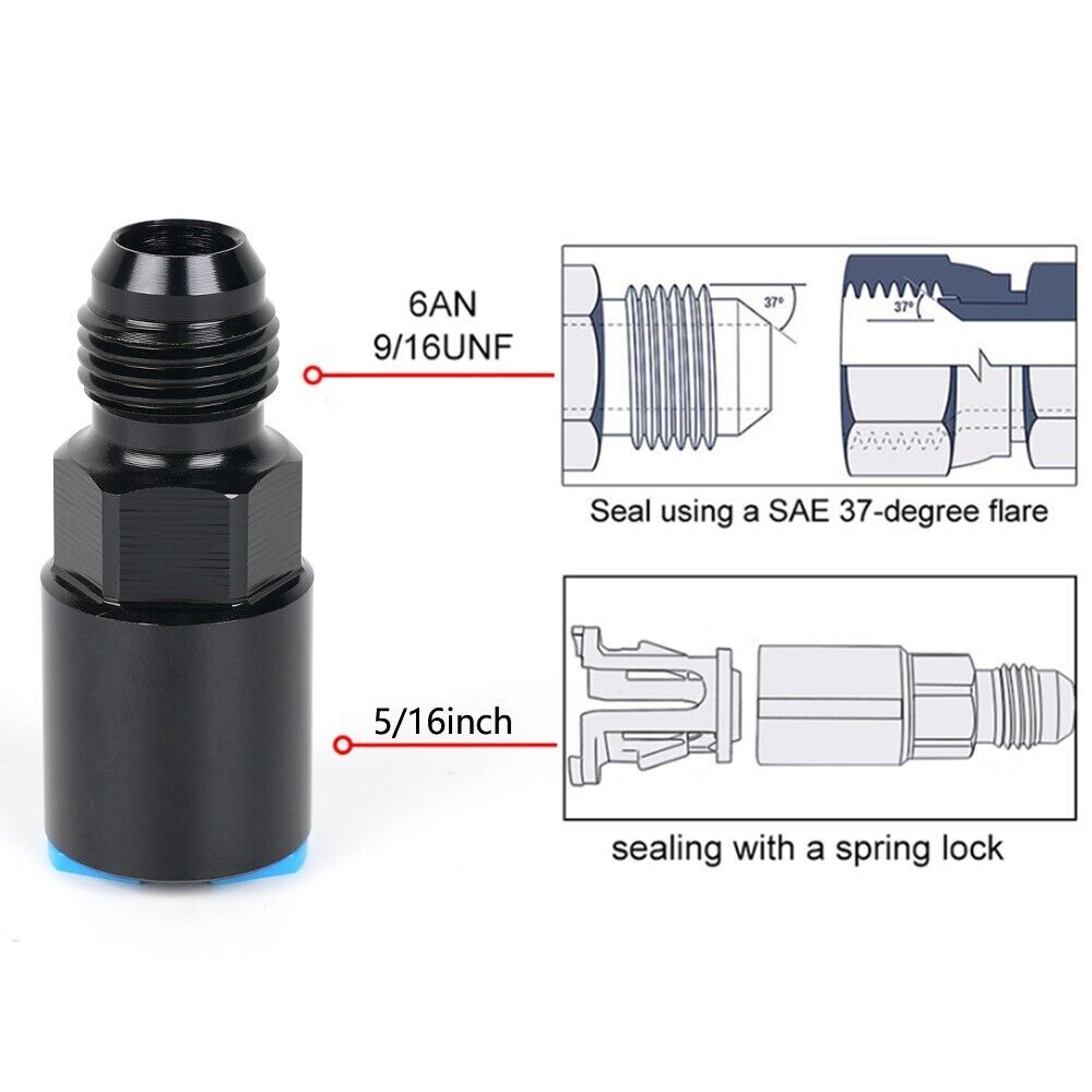 -6AN AN6 Fuel Adapter Fitting to 5/16Quick Connect LS W/ Clip Female Black Q