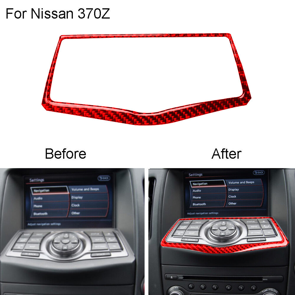Red Carbon Fiber Multimedia Navigation Button Frame Cover Trim for Nissan 370Z