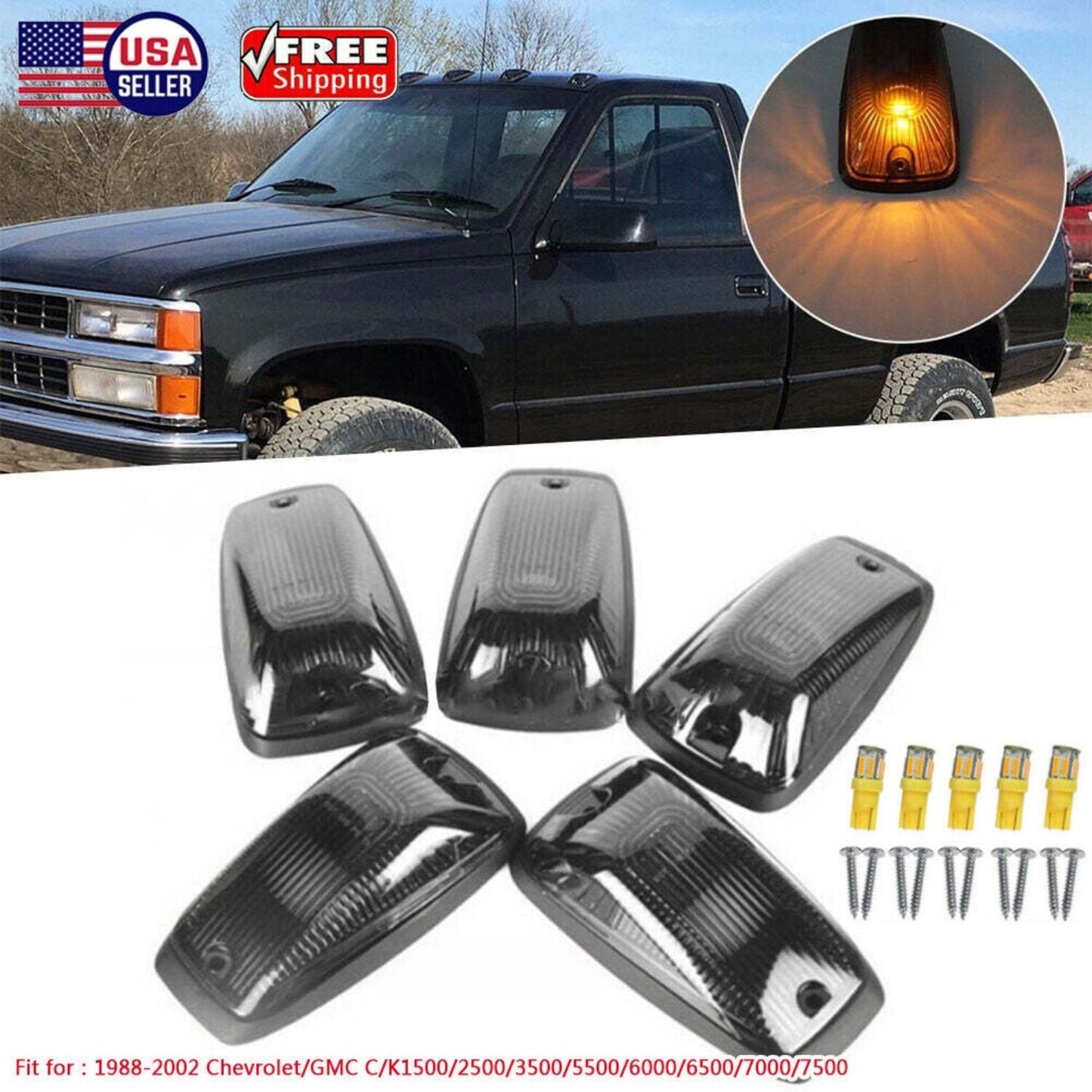 5PCS Amber LED Cab Marker Roof Lights for Chevy / for GMC Pickup Trucks 1988-2002
