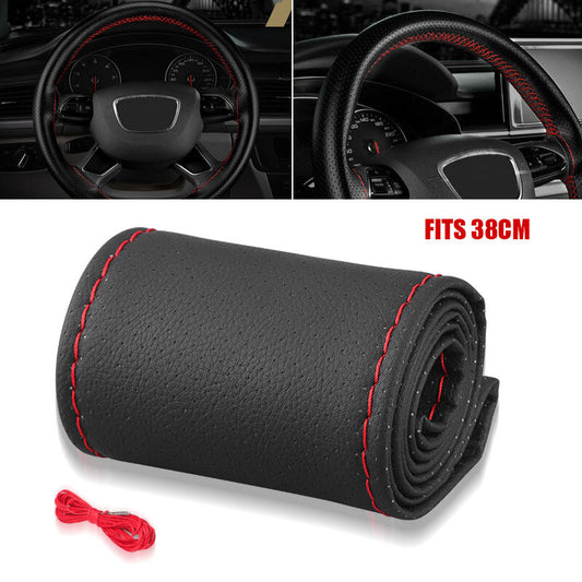 Black Car Steering Wheel Cover DIY Leather Needle Thread Anti-slip For 15 38CM