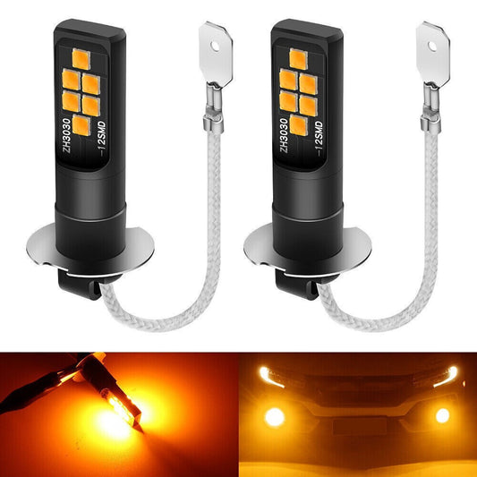 2 Amber H3 LED Bulb 3030 Car Fog Light High Bright DRL Driving Lamp DC/AC12V