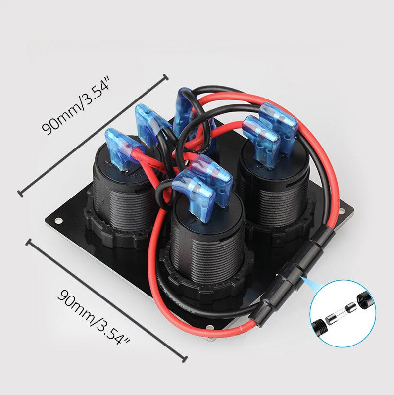 LED toggle switch panel, blue voltmeter, dual USB socket charger for cars and boats. n