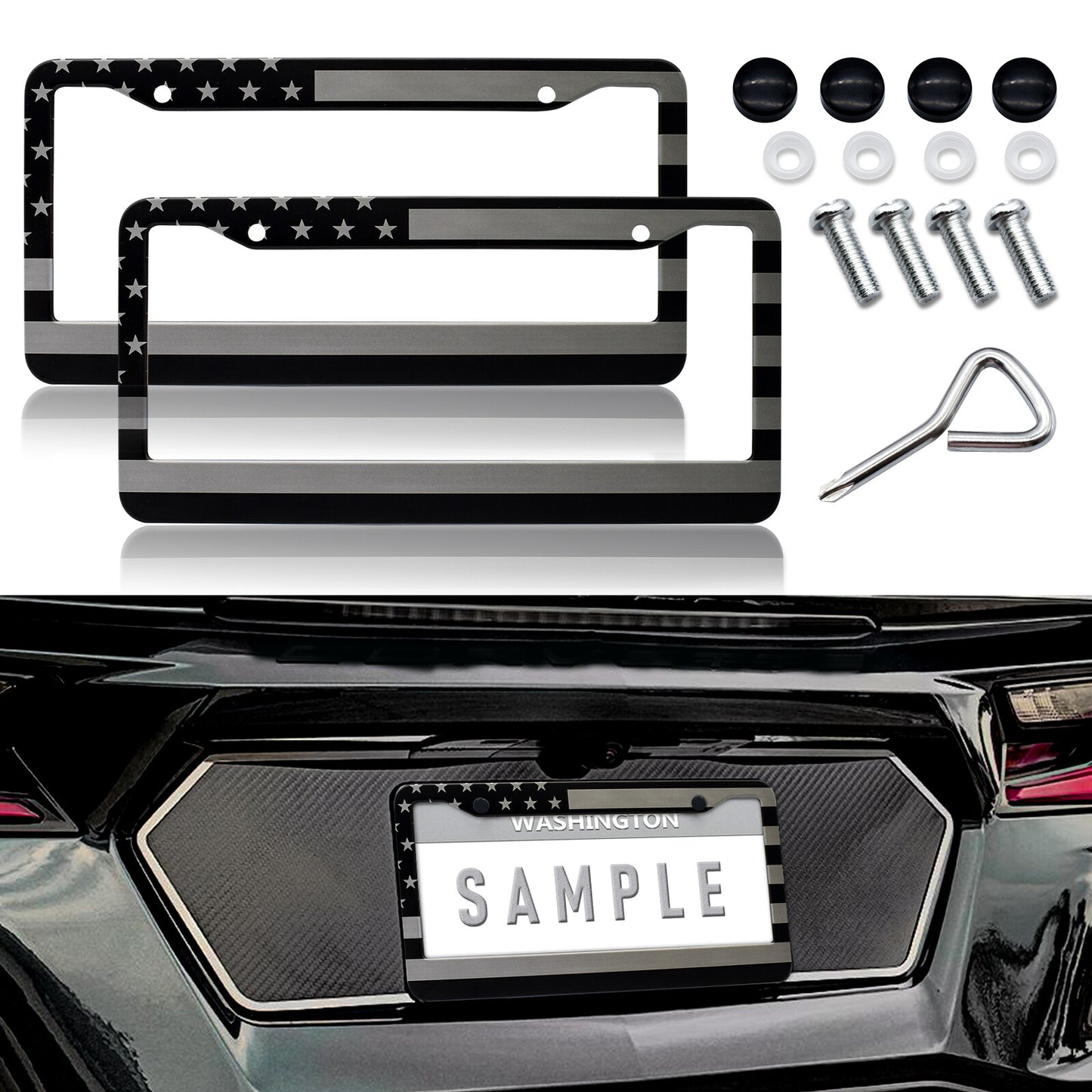 for Jeep Grey/Black US American Flag Patriotic Car License Plate Tag Frame Cover