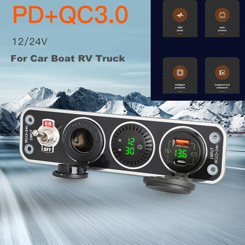 Dual USB socket charger + LED voltmeter + 12V power socket with switch n